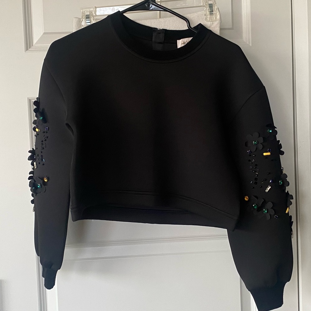 Black Cropped Sweatshirt with Embellished Sleeves
